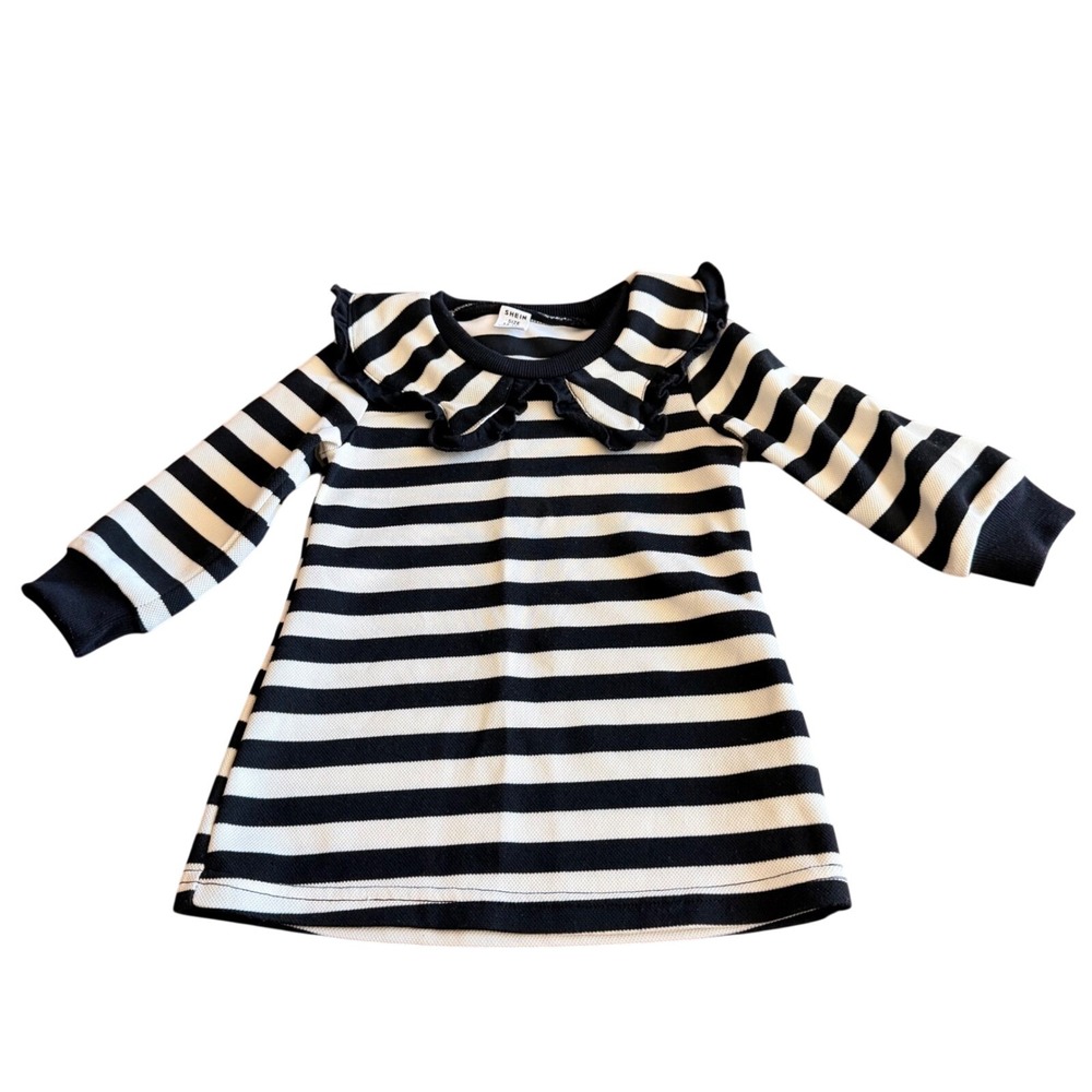 SHEIN Girls Black White Striped Ruffle Collar Long Sleeve Dress 12-18M